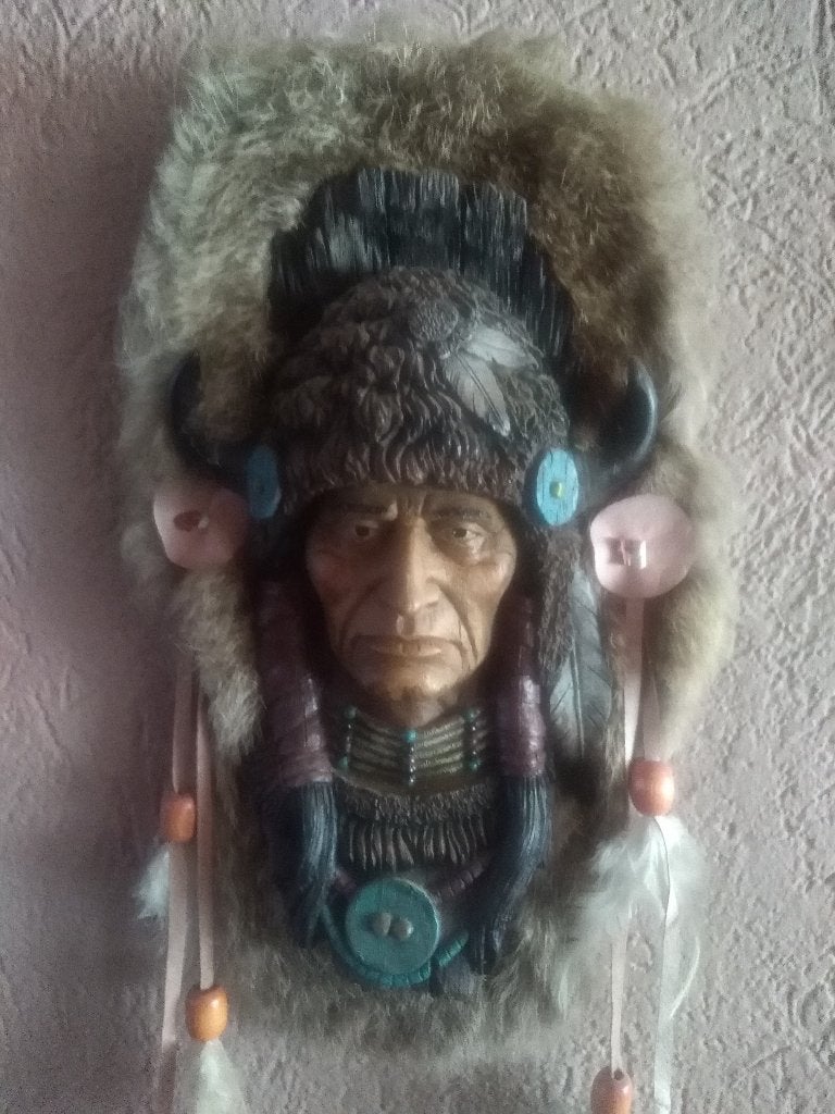 indianen wandbeeld met echte konijnenpels, Western, Gebruikt, Ophalen of Verzenden, Wandbord of Wandpaneel