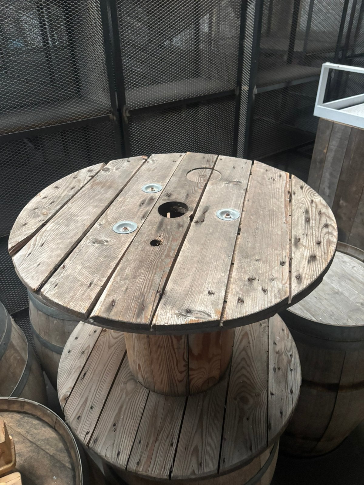 Verschillende maten kabelhaspel, terrastafel …, Tuin en Terras, Tuintafels, Ophalen, Zo goed als nieuw, Rond, Hout