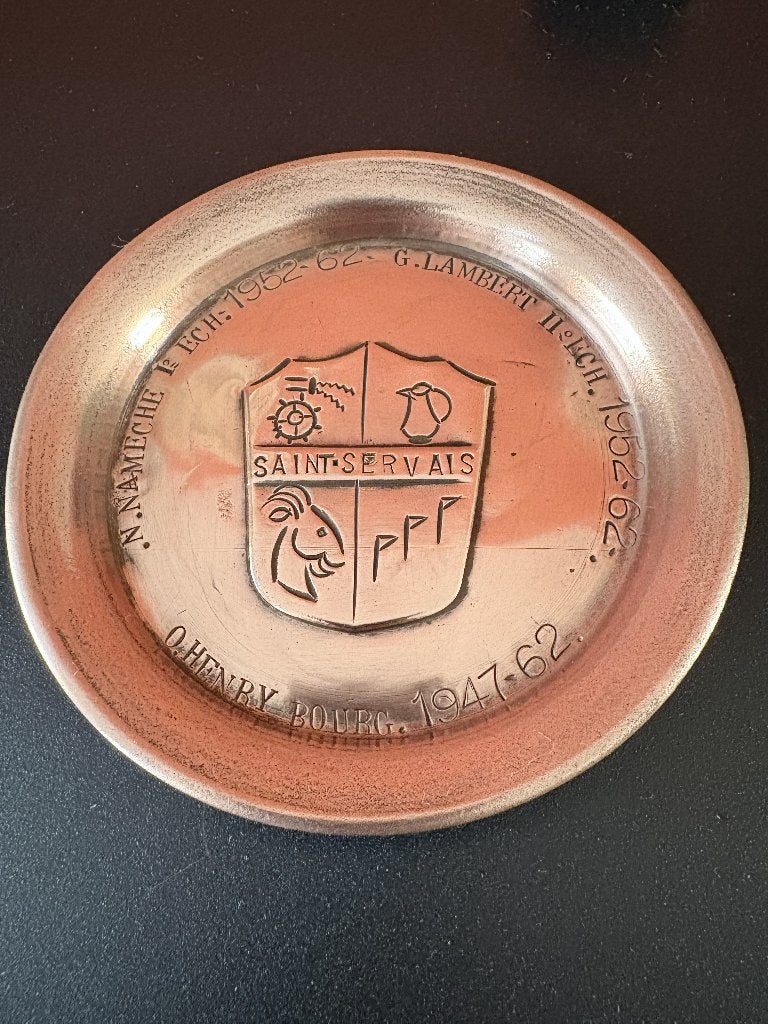 Assiette cuivre commémorative -Saint-Servais ( Namur)-1962, Antiquités & Art, Enlèvement ou Envoi, Cuivre