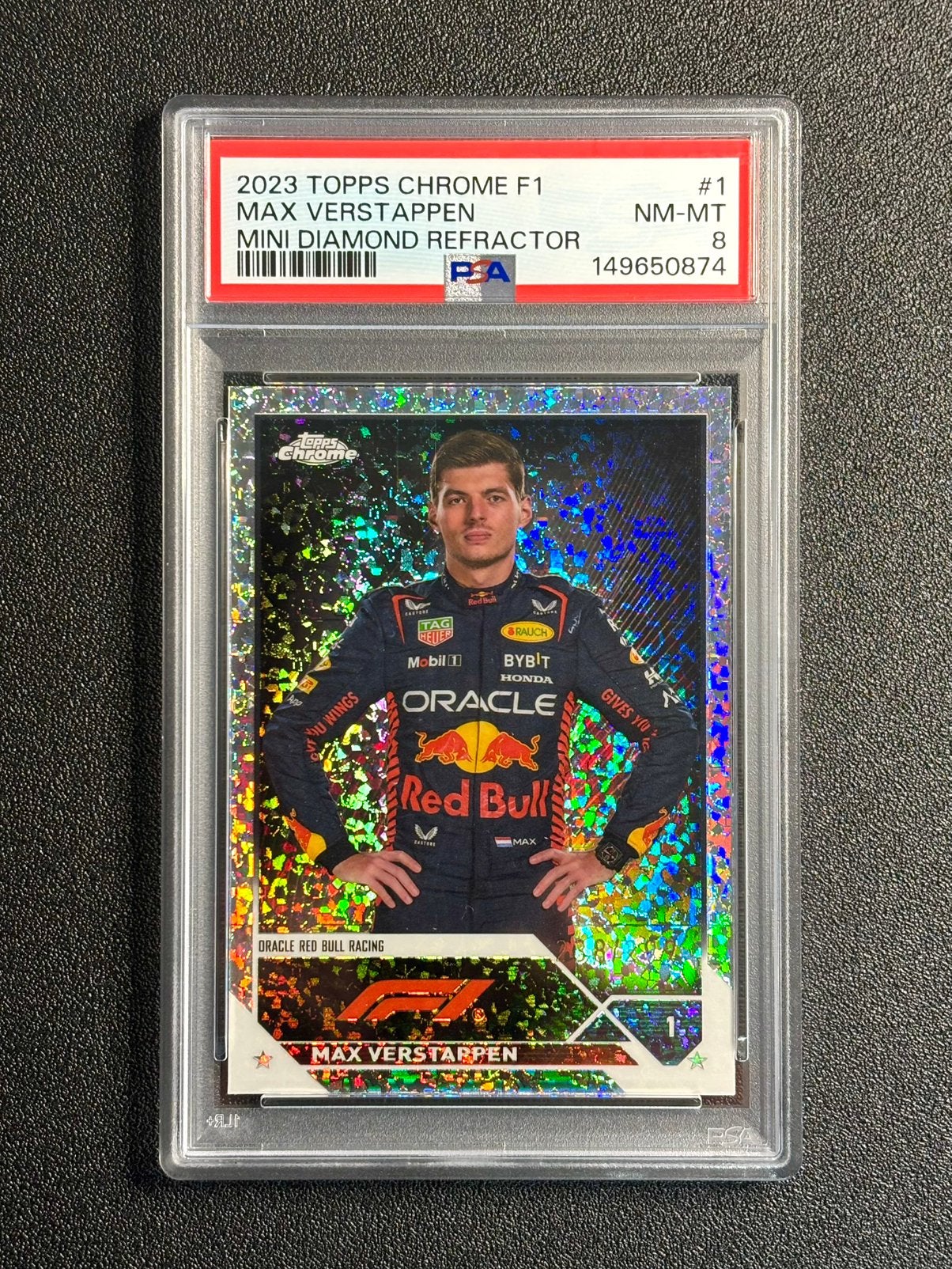 PSA 8 Max Verstappen Topps Chrome F1 Mini Diamond Refr. /299, Ophalen of Verzenden, Nieuw, Plaatje