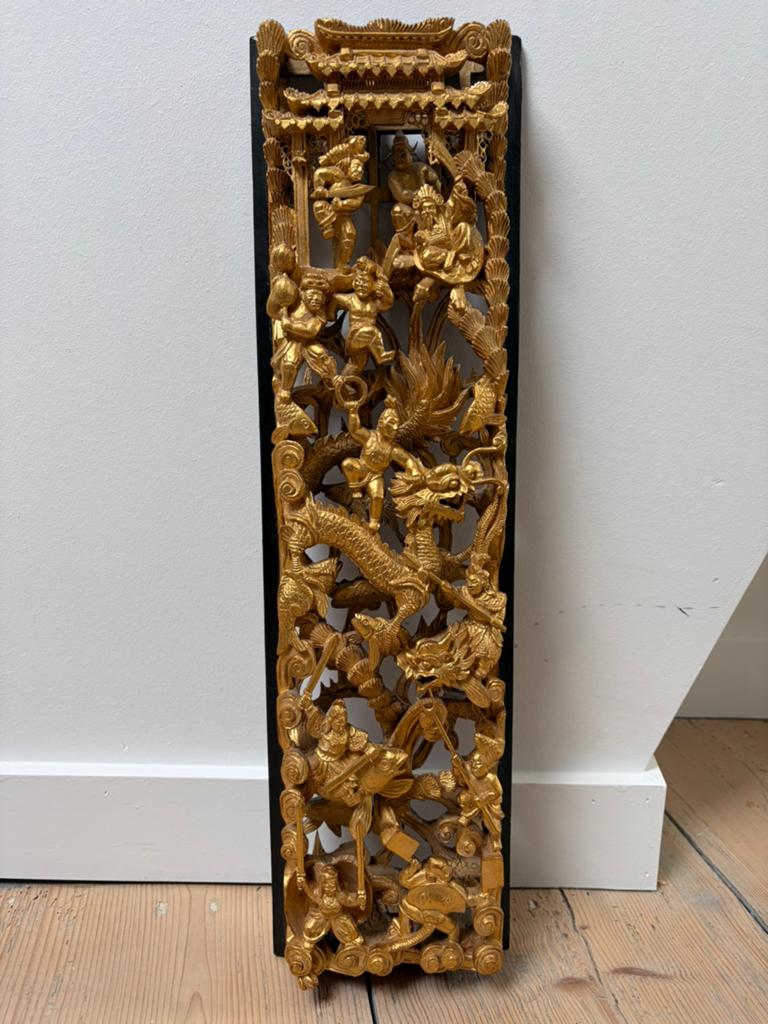 Handgesneden Aziatisch wandpaneel, Ophalen, Houtsnijwerk, 20 - 50 cm, Scène