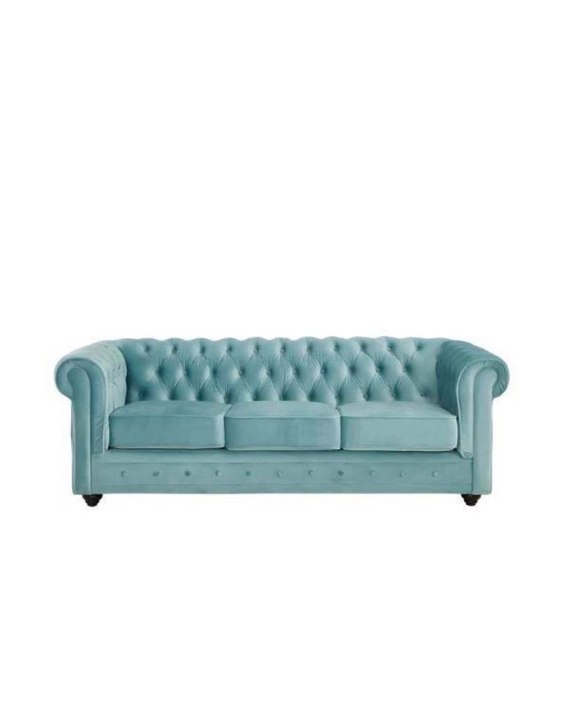 Driezitsbank CHESTERFIELD - velours - pastelblauw, Huis en Inrichting, Ophalen, Zo goed als nieuw, Driepersoons