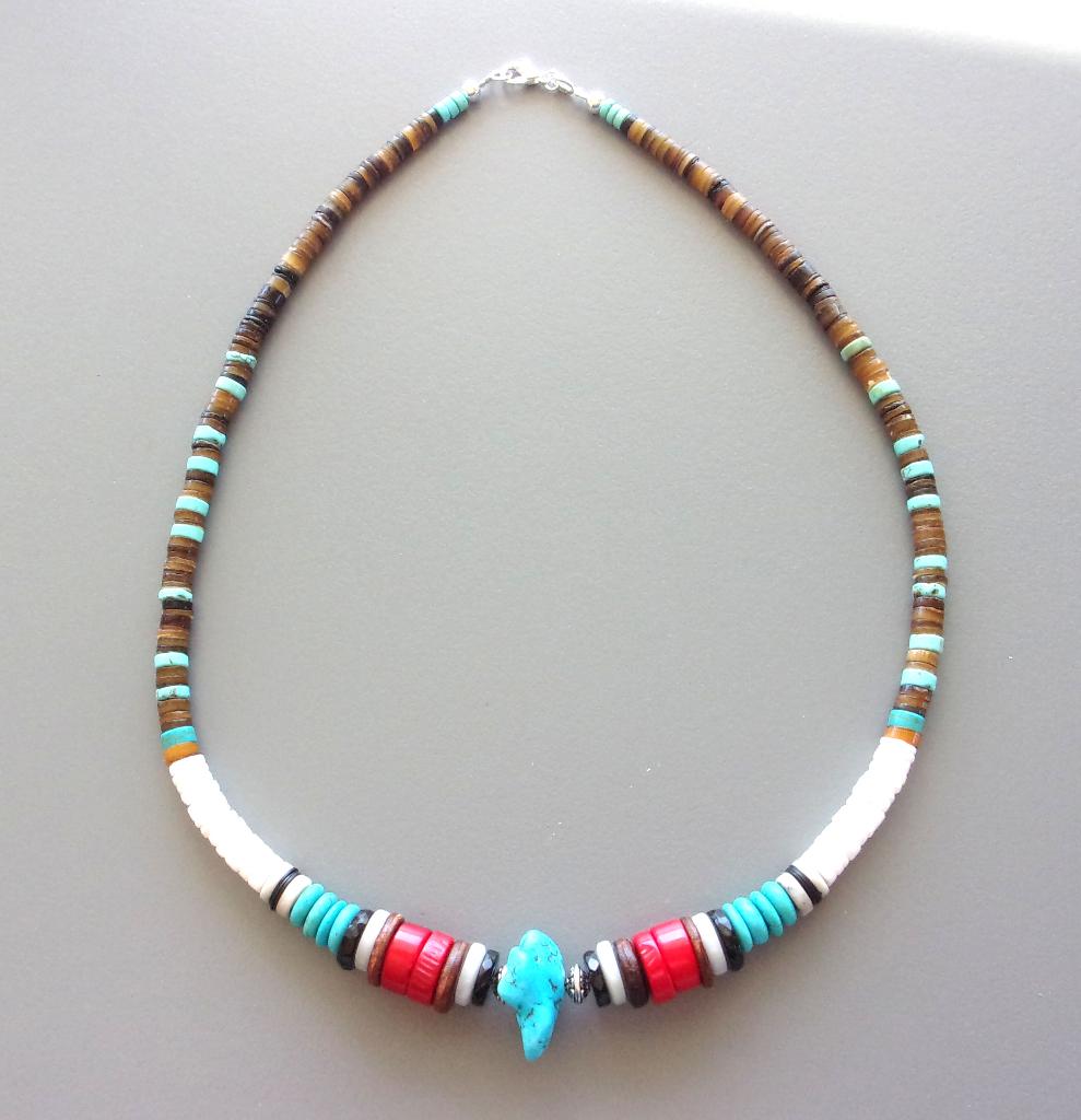 Indiaanse surferketting man of vrouw in turkoois, koraal, Handtassen en Accessoires, Kettingen, Nieuw, Zilver, Blauw, Met edelsteen