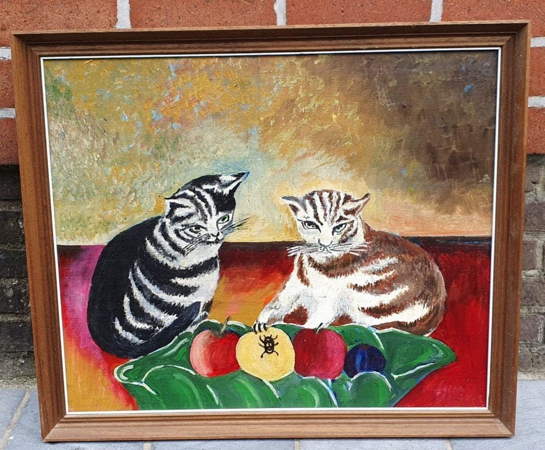 Vintage olieverfschilderij katten stilleven - 60x50 cm, Antiquités & Art, Peinture à l'huile, Peint à la main, Enlèvement, Toile