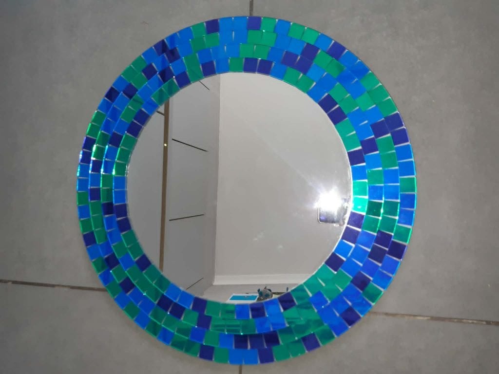 Vintage mozaïek spiegel Ikea blauw/groen, Moins de 100 cm, Rond, Comme neuf, Enlèvement