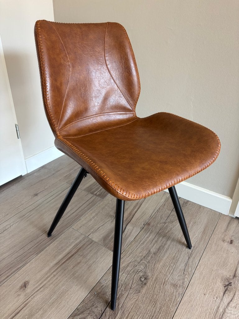Set van 4 bruine stoelen met metalen poten, Maison & Meubles, Chaises, Comme neuf, Brun, Enlèvement, Cuir