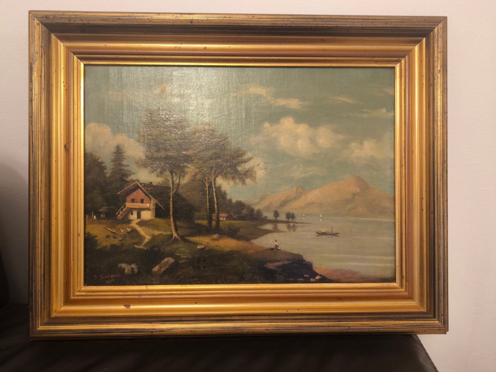 Prachtig Antiek Alpien Landschap (1877) – J. Fontane  60/40, Enlèvement ou Envoi, Peinture à l'huile, Daté, Toile