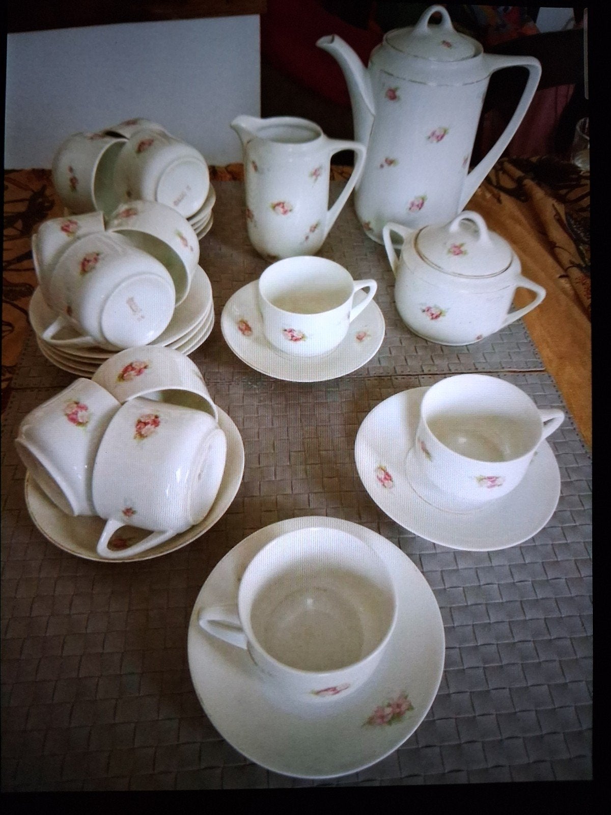 Zeer oude complete koffieset „boeket pioenrozen”, Antiek en Kunst, Antiek | Servies compleet, Ophalen of Verzenden