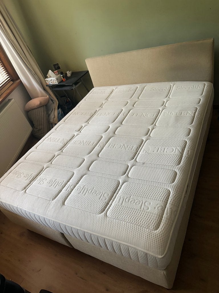 Sommier + matelas, Maison & Meubles, Beige, Enlèvement, Utilisé, Deux personnes