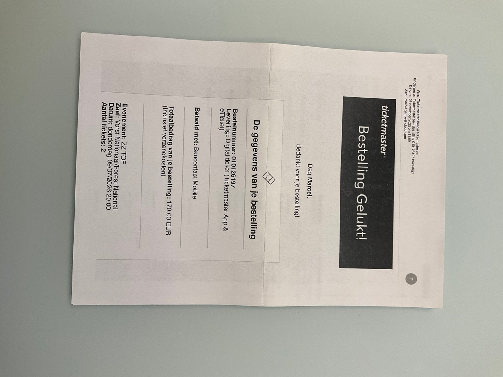 Twee officiële tickets ZZ-Top Vorst Nationaal 9/7, Enlèvement, Neuf