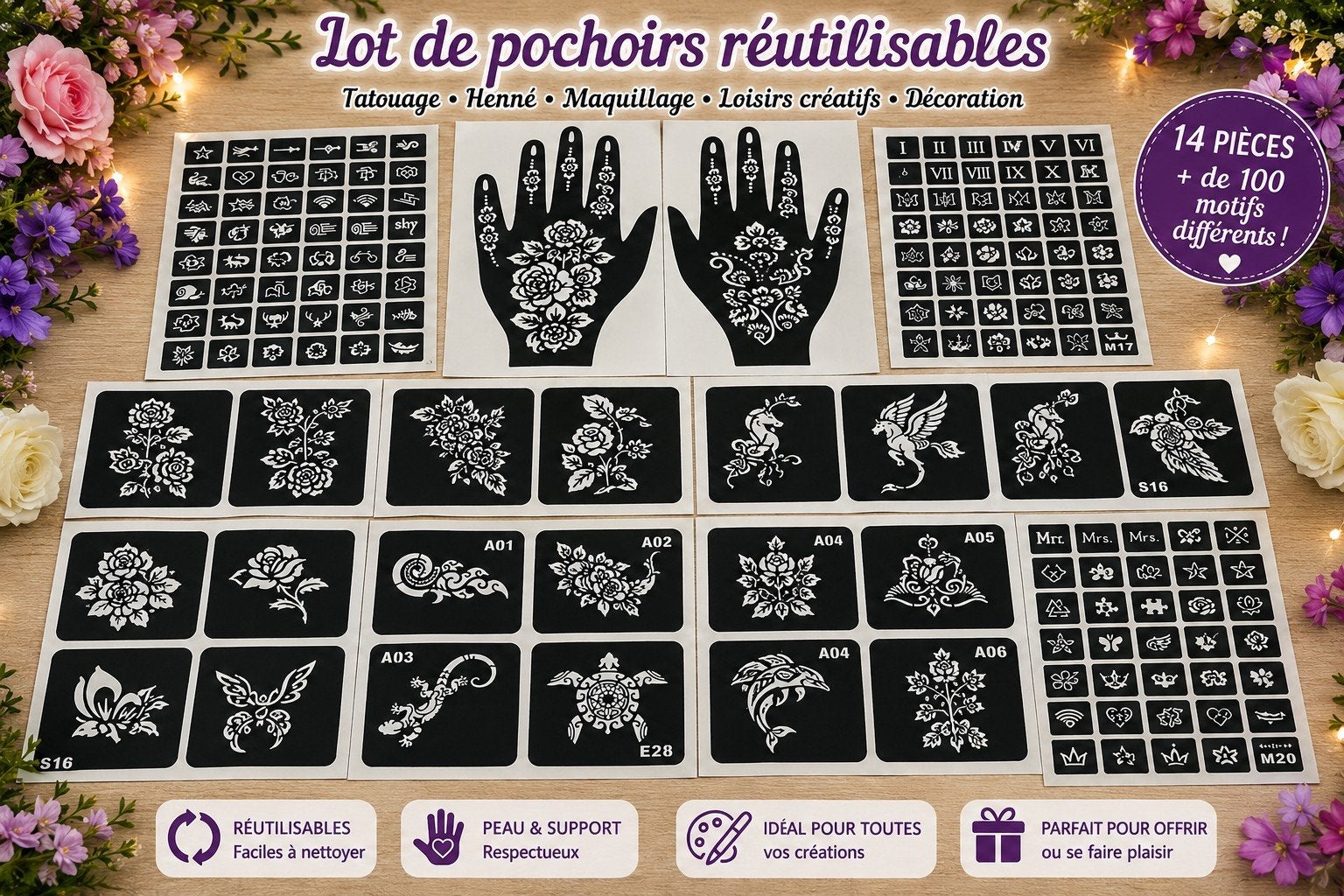 Lot de pochoirs réutilisables pour tatouage, henné., Neuf