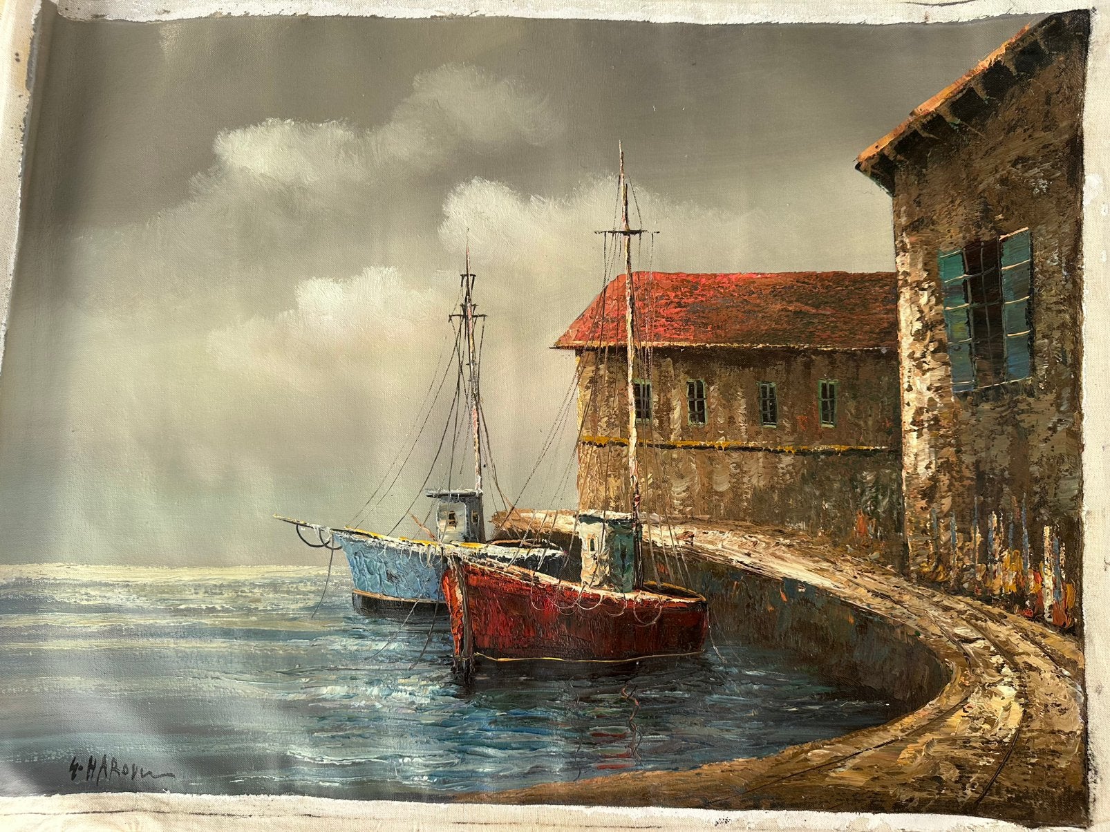 peinture à l'huile, motif de port 50x70, Antiek en Kunst, Verzenden