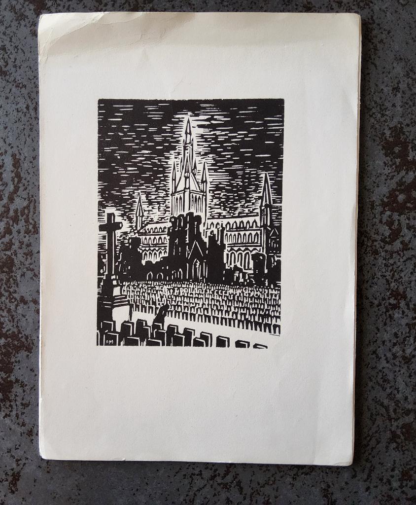 Houtsnede Ieper kerkhof ruïnen door Frans Masereel, 28 cm, 1950 - 1999, 19 cm, Ophalen of Verzenden