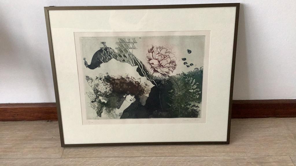 Prachtige ets van Eve Haskova 1946 Woman with chrysanthemum, Antiek en Kunst, Ophalen