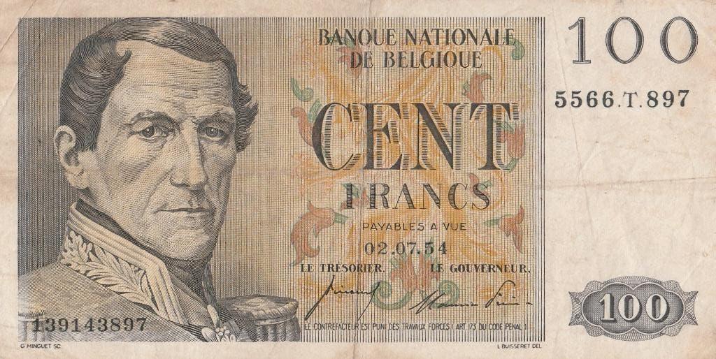 Bankbiljet van 100 frank uit 1954  Belgie, Postzegels en Munten, Bankbiljetten | België, Ophalen of Verzenden, Los biljet