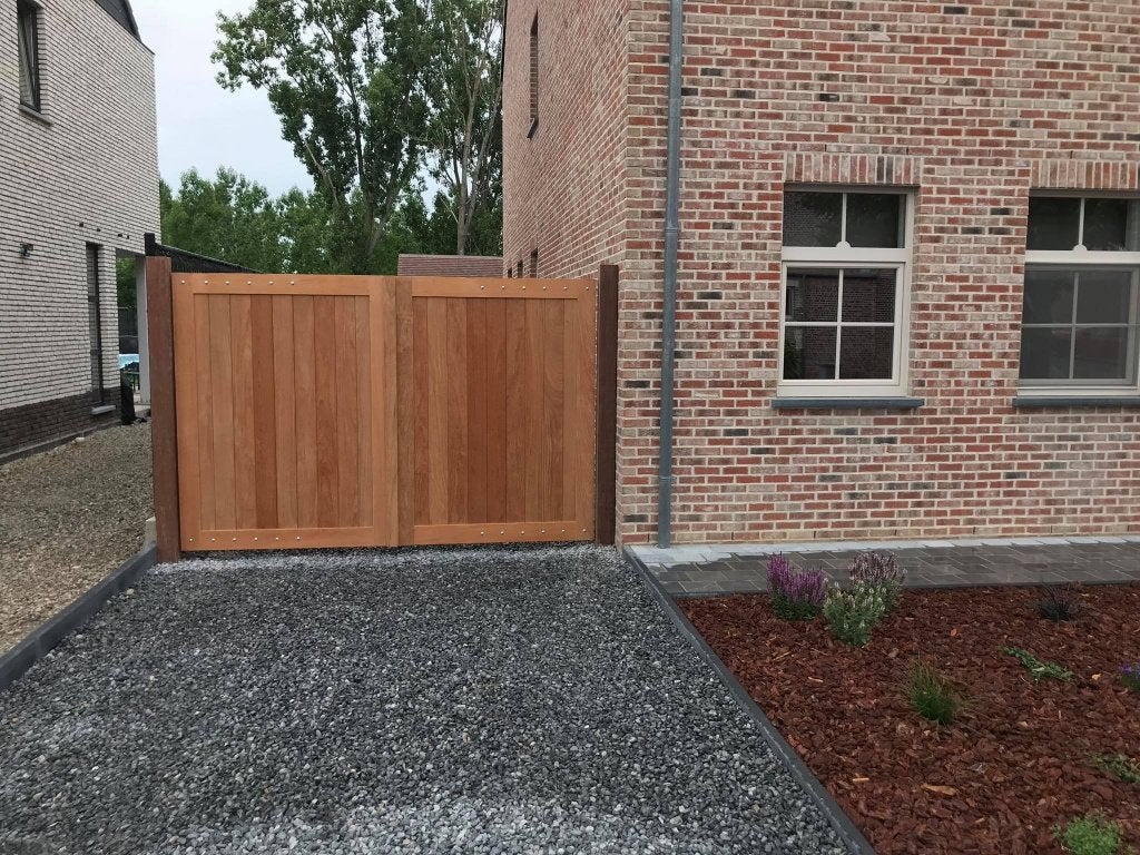 te koop afzelia poort  en poortje, Ophalen, Nieuw, 150 tot 200 cm, Hout