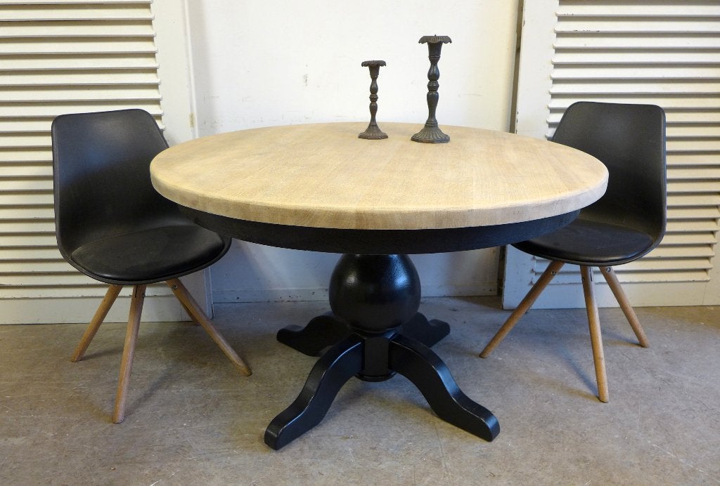 Prachtige zwarte landelijke ronde eiken eettafel  120 cm, Zo goed als nieuw, Vijf personen of meer, Ophalen, Zwart rustiek landelijk