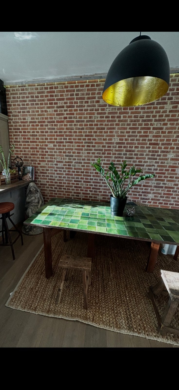 Unieke zelige tafel met cortenstaal onderstel, Ophalen, Zo goed als nieuw