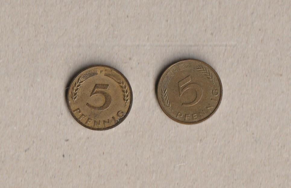 Duitsland : 2 (gebruikte) munten : 5 pfennig : 1950 en 1982, Postzegels en Munten, Ophalen of Verzenden, Duitsland, Setje