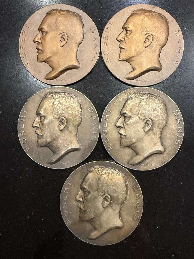 5x Médaille de bronze lourde Prof. Robert Danis ULB 1946, Timbres & Monnaies, Enlèvement ou Envoi, Bronze