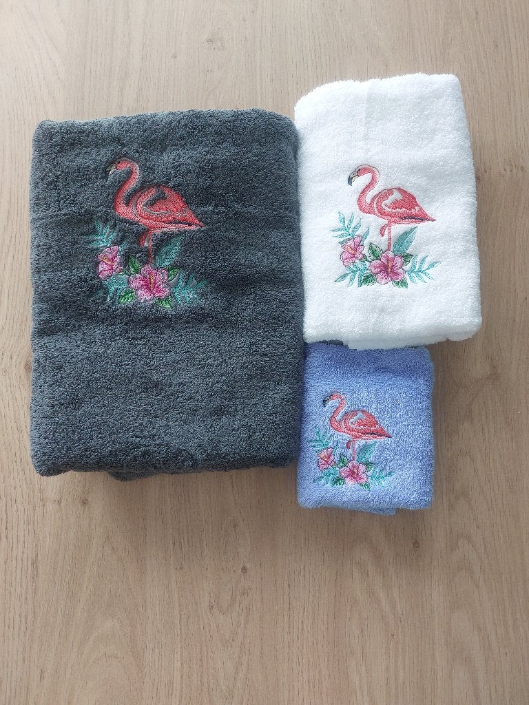 Set van 3 servetten geborduurd met een roze flamingo, Overige kleuren, Overige merken, Badlaken, Nieuw
