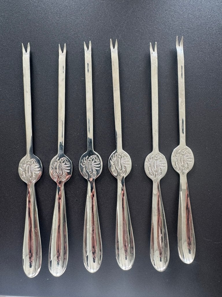 6 vintage Gero Zilmeta kreeftenvorkjes (jaren 70), Gebruikt, Gero, Bestekset, Ophalen of Verzenden