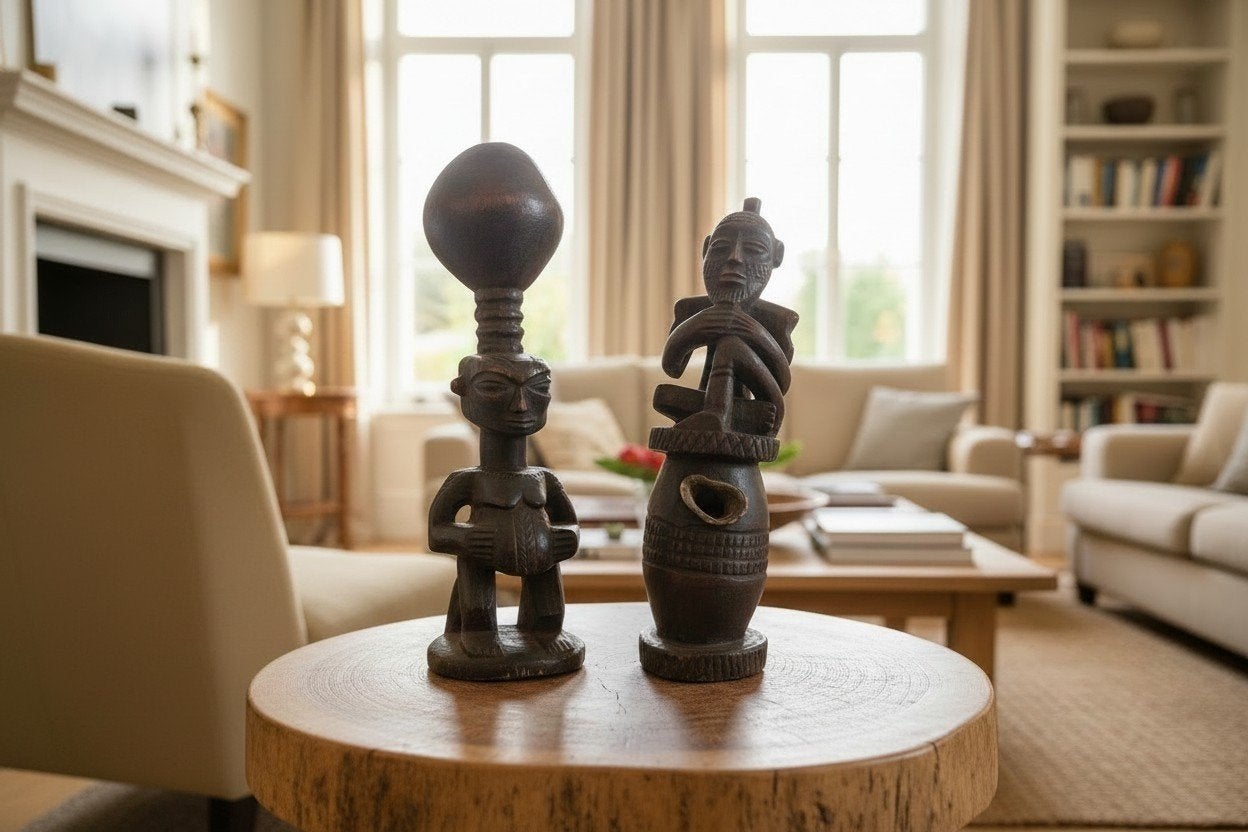Deux statues africaines anciennes en bois - faites à la main, Antiquités & Art, Enlèvement ou Envoi, Brun