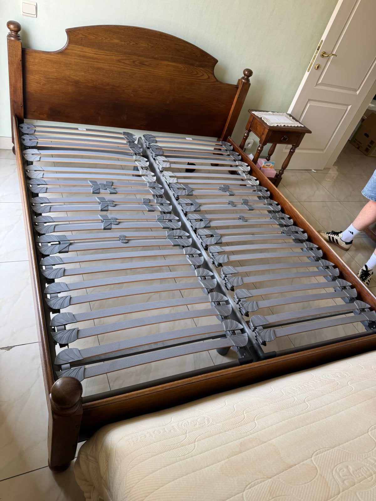 Bed Franse eik met stel, Huis en Inrichting, Slaapkamer | Bedden, Ophalen, Gebruikt, Bruin, Tweepersoons