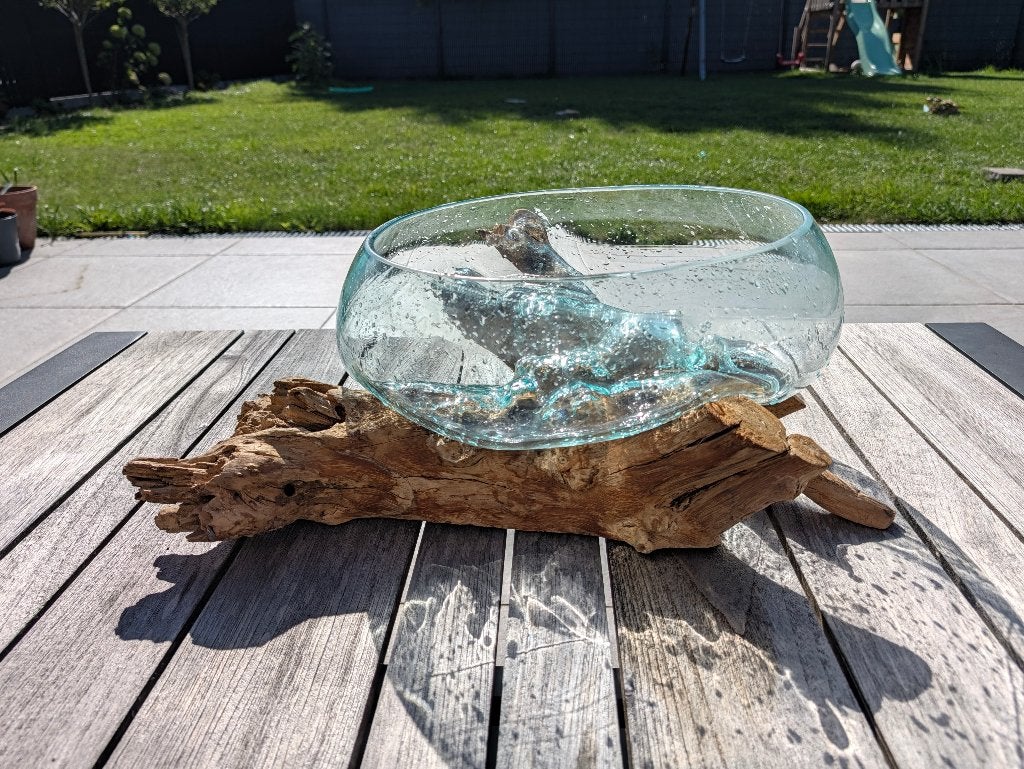 Vase en verre et bois, Maison & Meubles, Accessoires pour la Maison | Vases, Transparent, 35 cm, Comme neuf, Verre