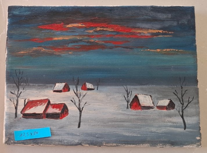 Schilderij - winterlandschap, Antiek en Kunst, Doek, Realistisch, Ophalen of Verzenden, Landschap