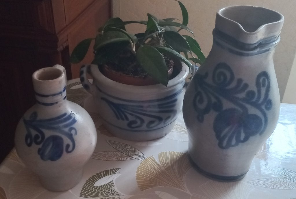 Lot d anciens pots et cruches en grès gris dessins bleus, Antiquités & Art, Enlèvement
