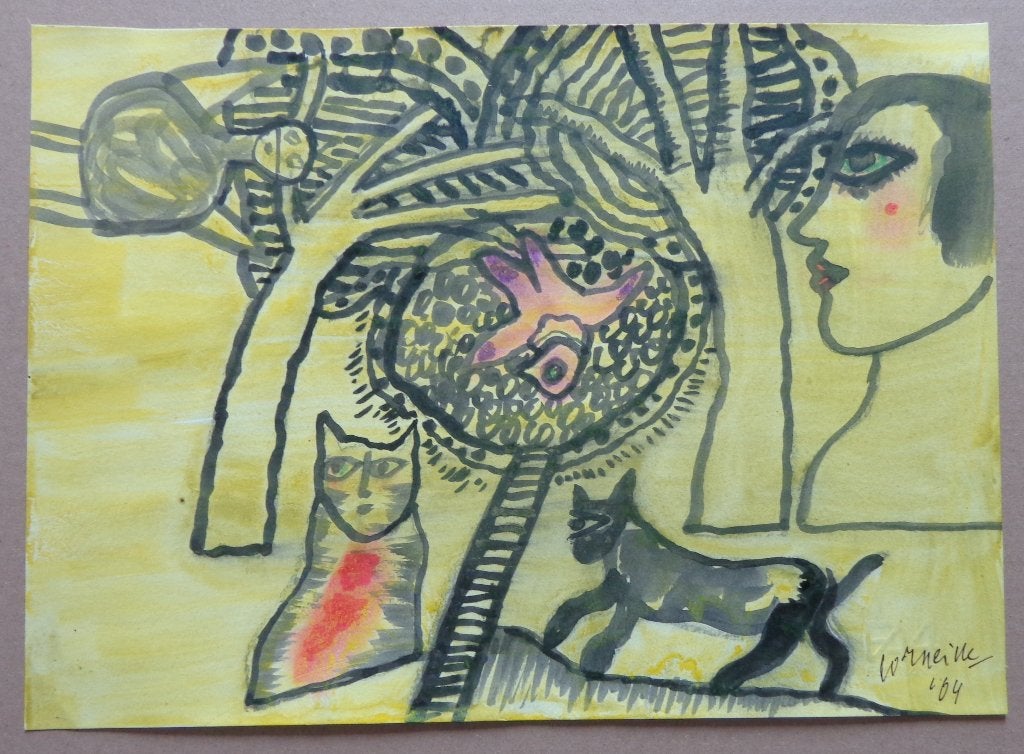 CORNEILLE / VROUW MET KATTEN / ORIGINEEL WERK / 24x33cm SIG, Antiquités & Art, Art | Peinture | Moderne, Figures, Papier/carton