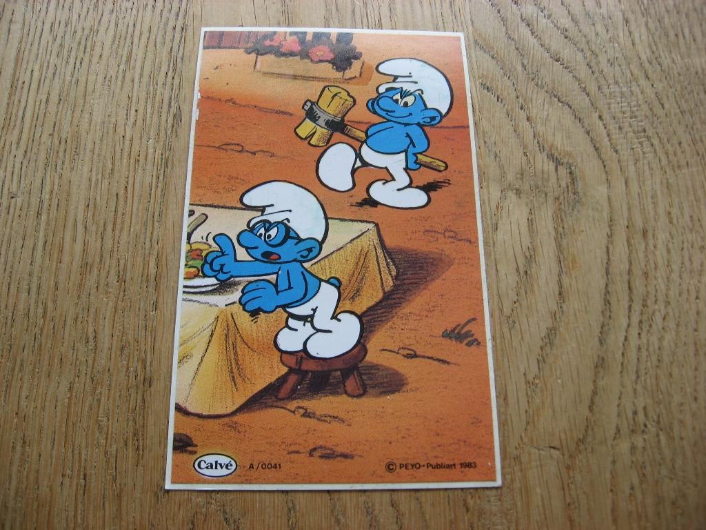 Autocollant Schtroumpfs Peyo Calve 1983 8 x 13 cm, Collections, Enlèvement ou Envoi, Schtroumpfs, Neuf, Image, Affiche ou Autocollant