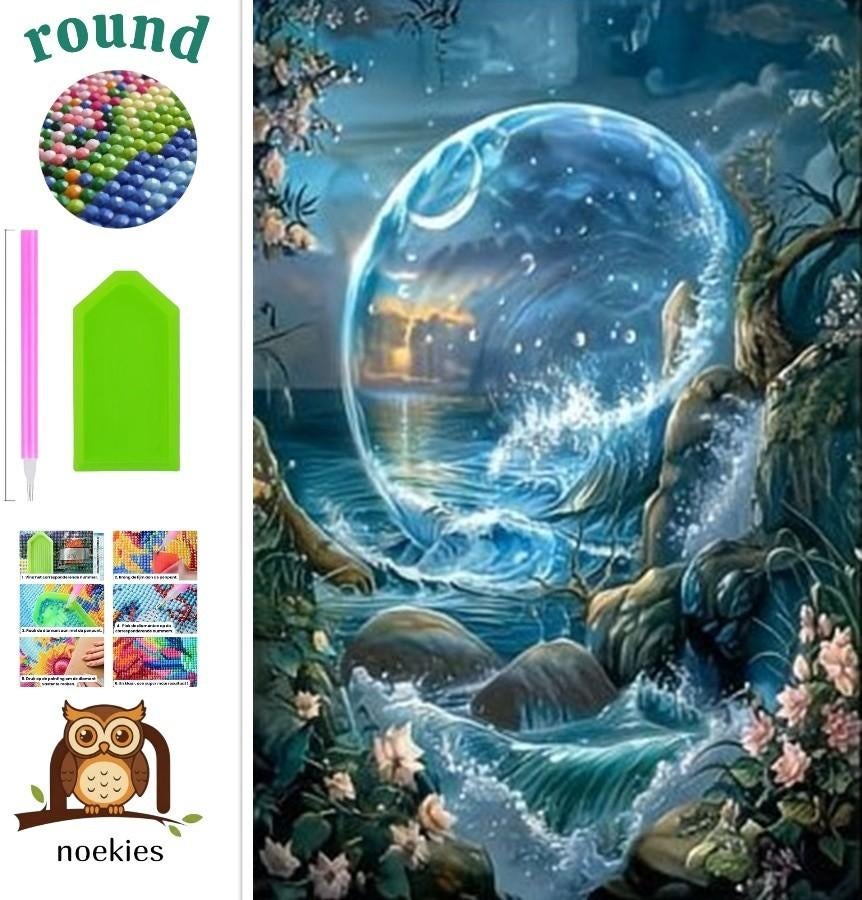 nr 671 Diamond Painting waterval bloemen 40x30cm (rond), Verzenden, Nieuw, Overige materialen, Blauw