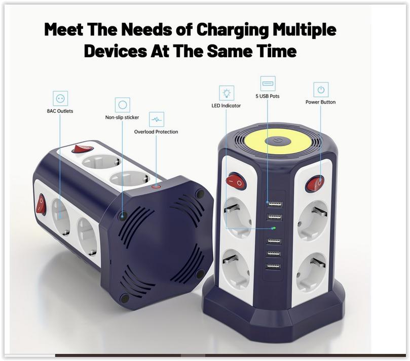 Multiprise 8AC+5USB avec Veilleuse - Câble d'Extension 3,15, Bricolage & Construction, Enlèvement ou Envoi, Neuf, Câble ou Fil électrique
