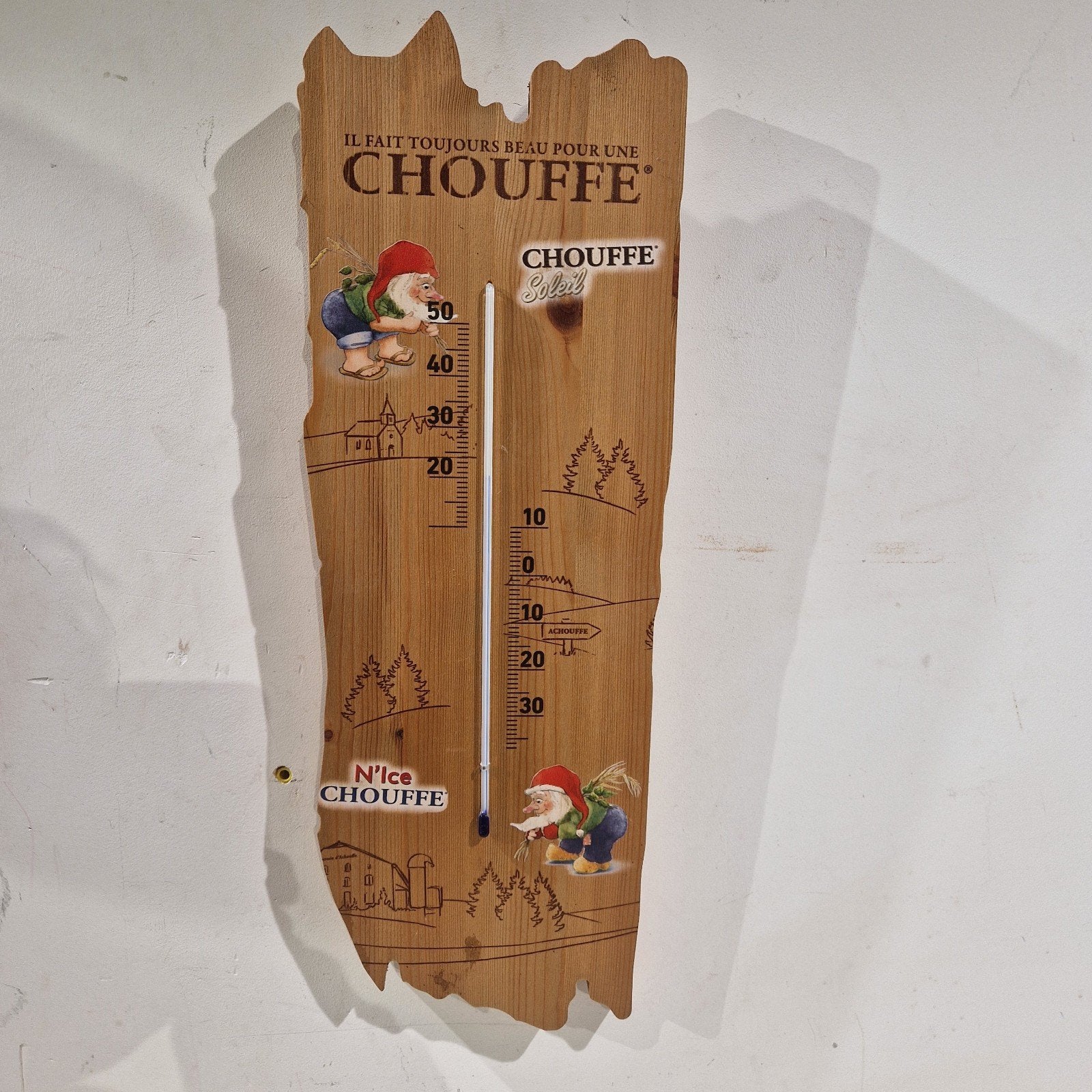 chouffe grote houten thermometer,  als nieuw, Verzamelen, Ophalen of Verzenden, Zo goed als nieuw, Reclamebord, Plaat of Schild
