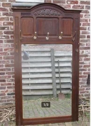 Prachtige Grote Antieke Houten Wandkapstok met Spiegel, Ophalen, Zo goed als nieuw, Hout, Wandkapstok