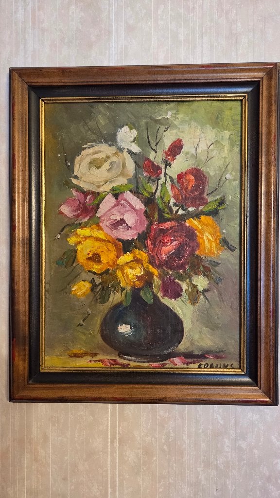 Olieverfschilderij bloemstilleven ( FRANKS ), Peinture à l'huile, Expressionniste, Enlèvement, Encadré
