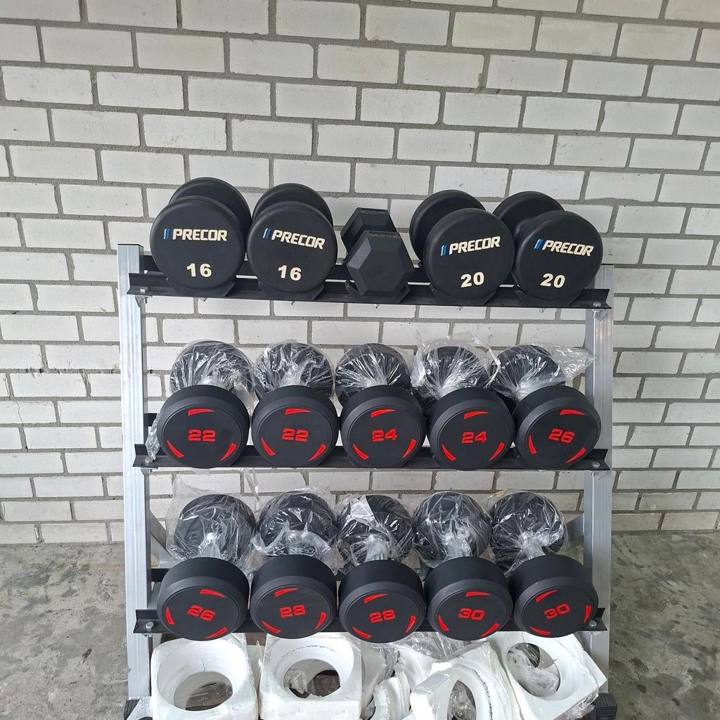 Nieuwe Urethane Dumbells 16 kilo tot 30 kilo + Dumbellrek, Enlèvement