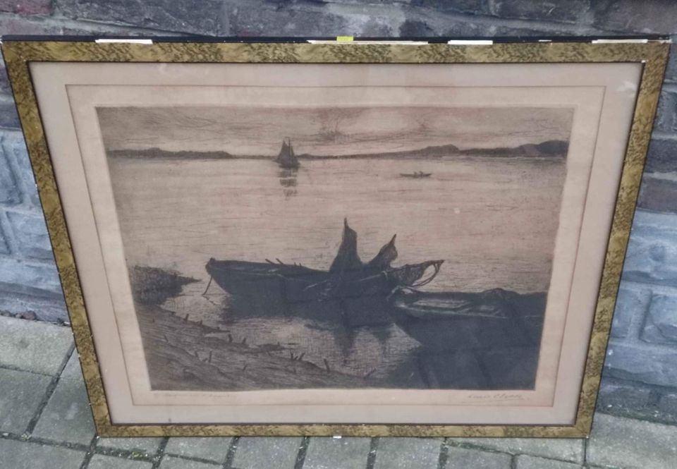 Gravure barques sur l Escaut signe Louis clesse, Enlèvement ou Envoi, Gravure