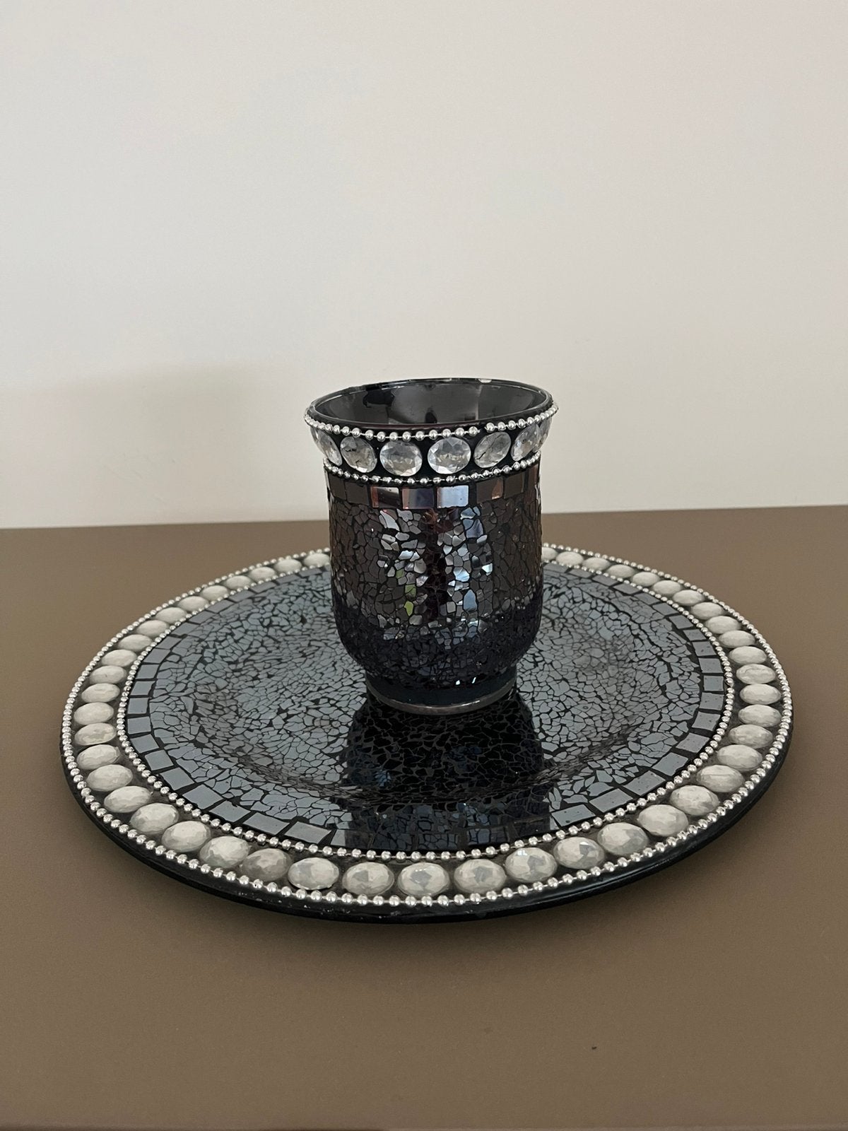 Mozaïek decoratieschotel met theelichthouder, Huis en Inrichting, Schaal, Rond, Ophalen of Verzenden, Glas