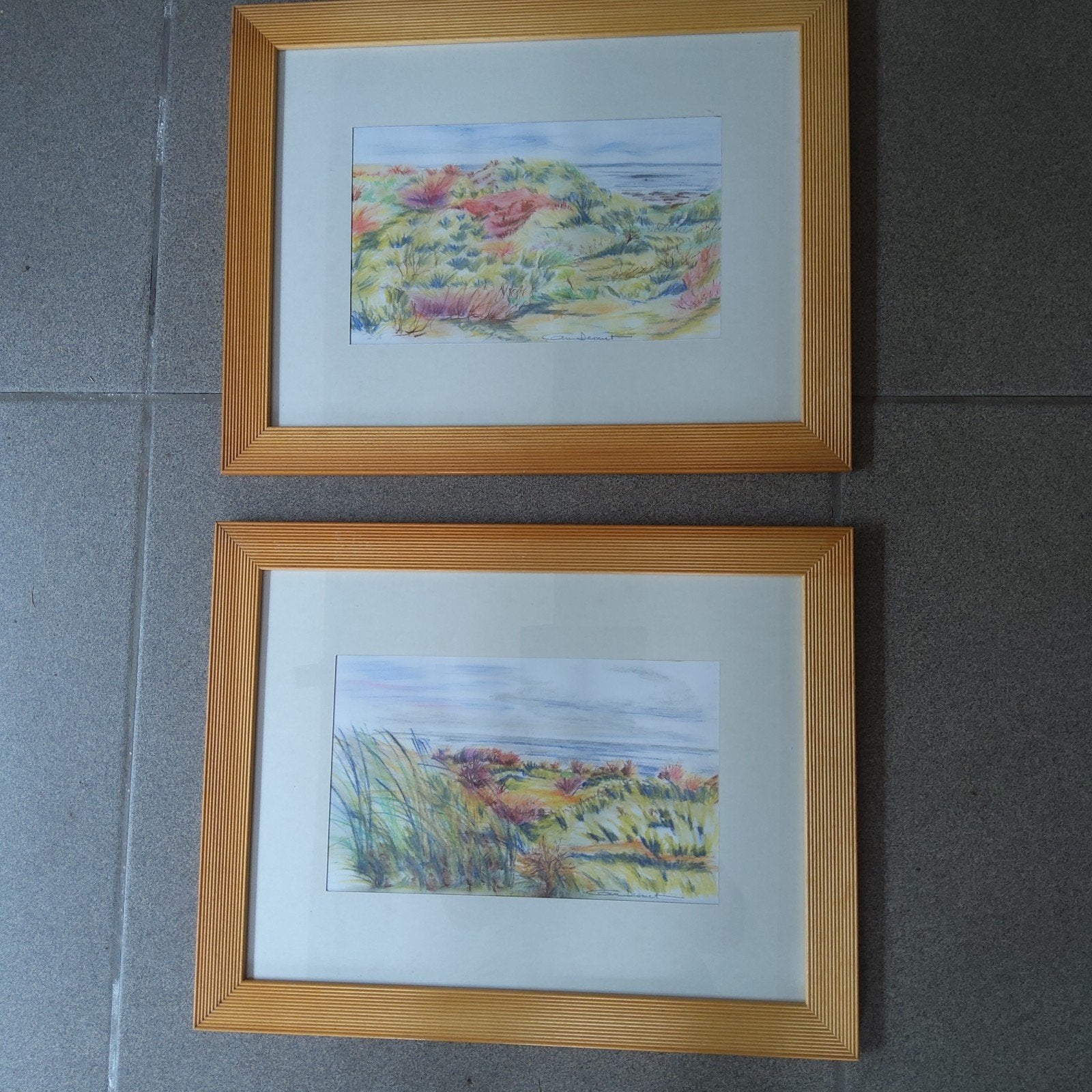 "Duinen en Zee". 2 originele pasteltekeningen. Ingelijst., Ophalen of Verzenden