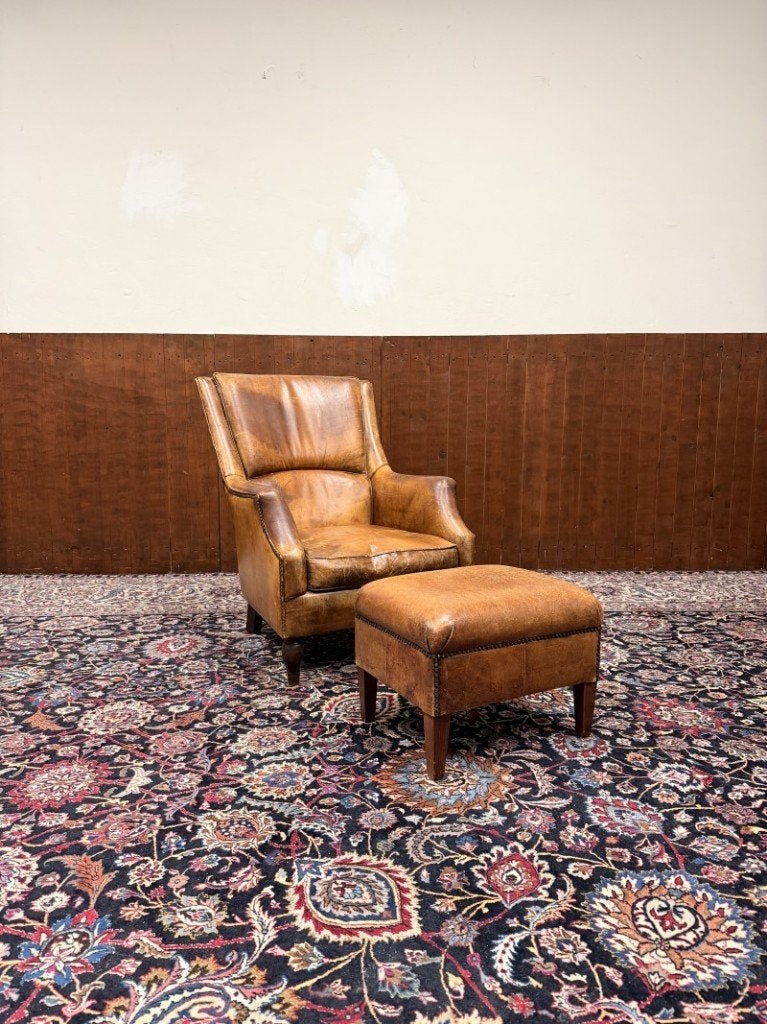 Set Klassiek Engelse Schaap Lederen Fauteuil + Hocker, Antiquités & Art, Enlèvement