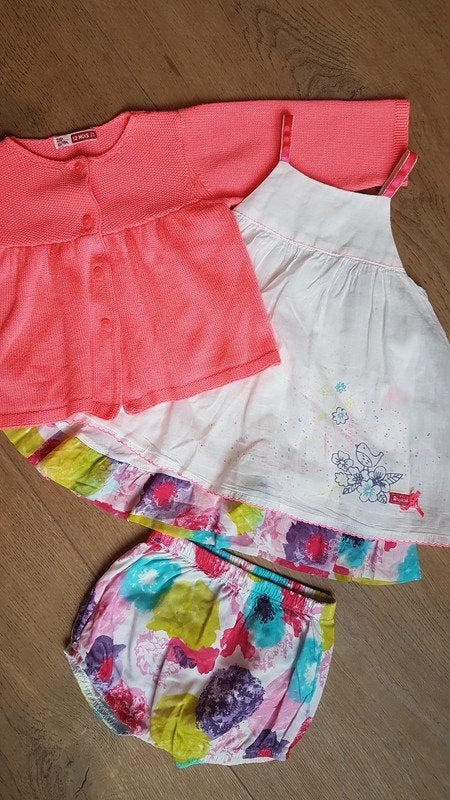 Absorba + DPAM - Ensemble robe, bloomer, gilet - T.12 mois, Enlèvement ou Envoi, Ensemble, Utilisé, Fille