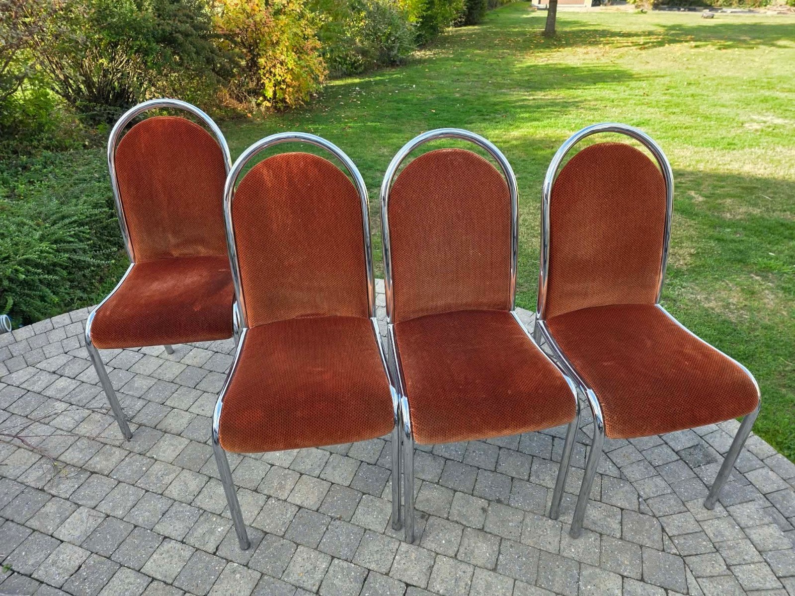 Lot de 4 chaises vintage années 70 chrome et velours orange, Antiquités & Art, Enlèvement
