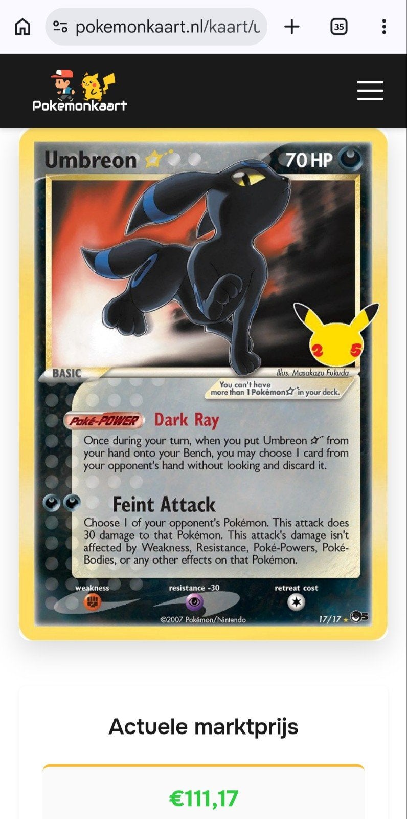 Pokemon kaart Umbreon, Ophalen, Nieuw, Losse kaart