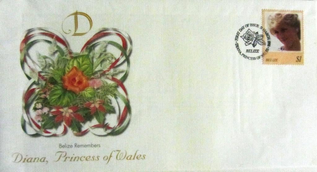 GROTE FDC- PRINSES DIANA MET POSTZEGEL BELIZE, Ophalen of Verzenden, Gestempeld, Koningshuis