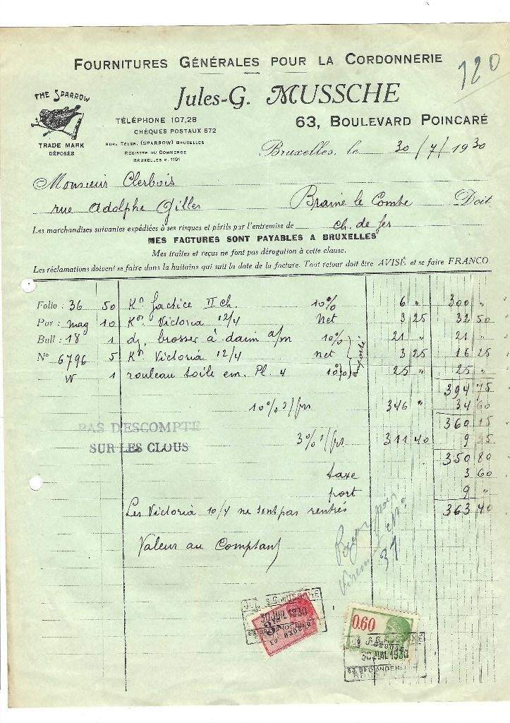 Ancienne facture 1930, Enlèvement ou Envoi, Utilisé