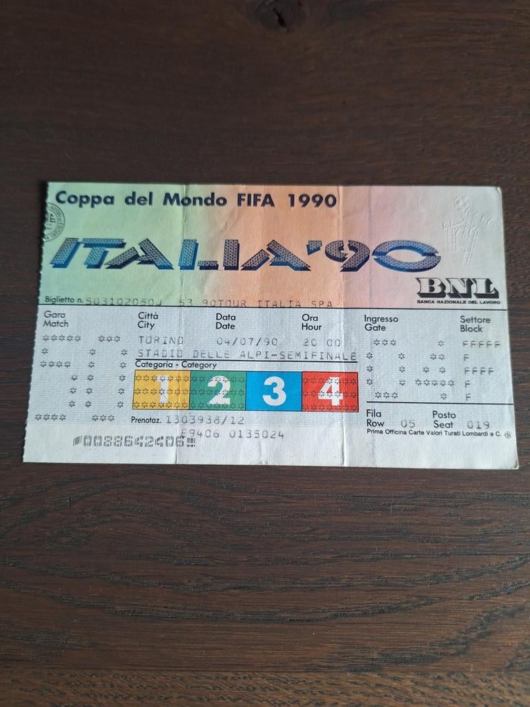Ticket halve finale WK Italie West-Duitsland- Engeland 1990
