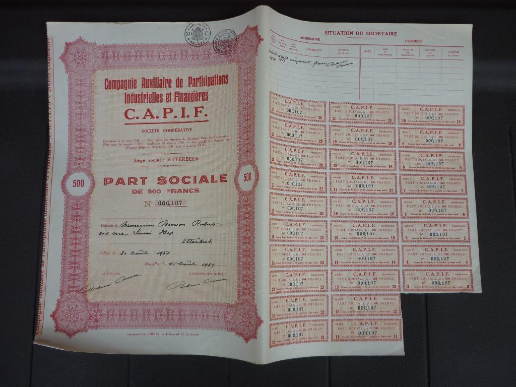 Aandel - Part Sociale - CAPIF Compagnie Auxiliaire de Parti, Ophalen of Verzenden, 1920 tot 1950, Aandeel